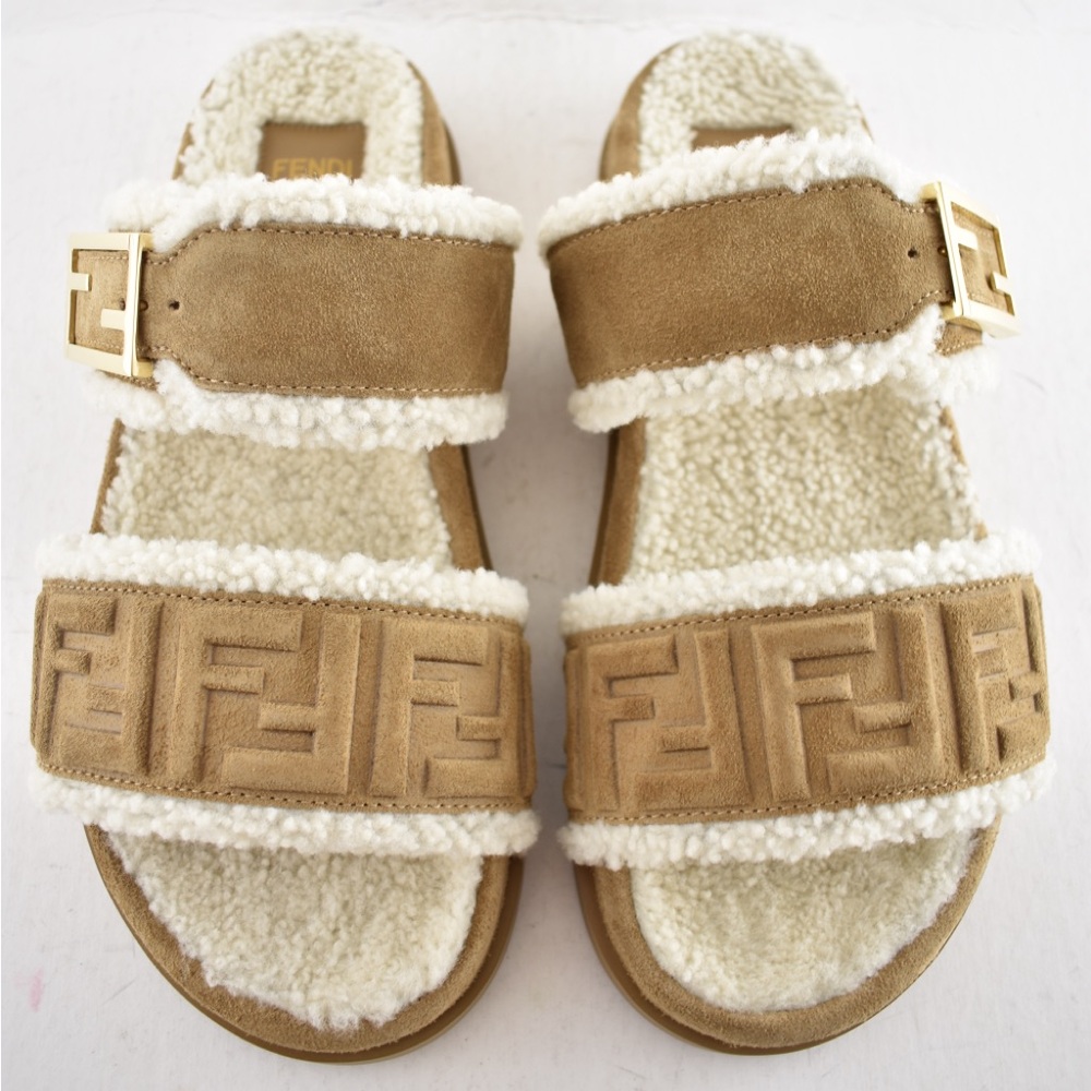Fendi Feel Slide Shearling Fur Lined Bronze Monogram Logo Mule Flat Sandal 38 - Picture 6 of 16